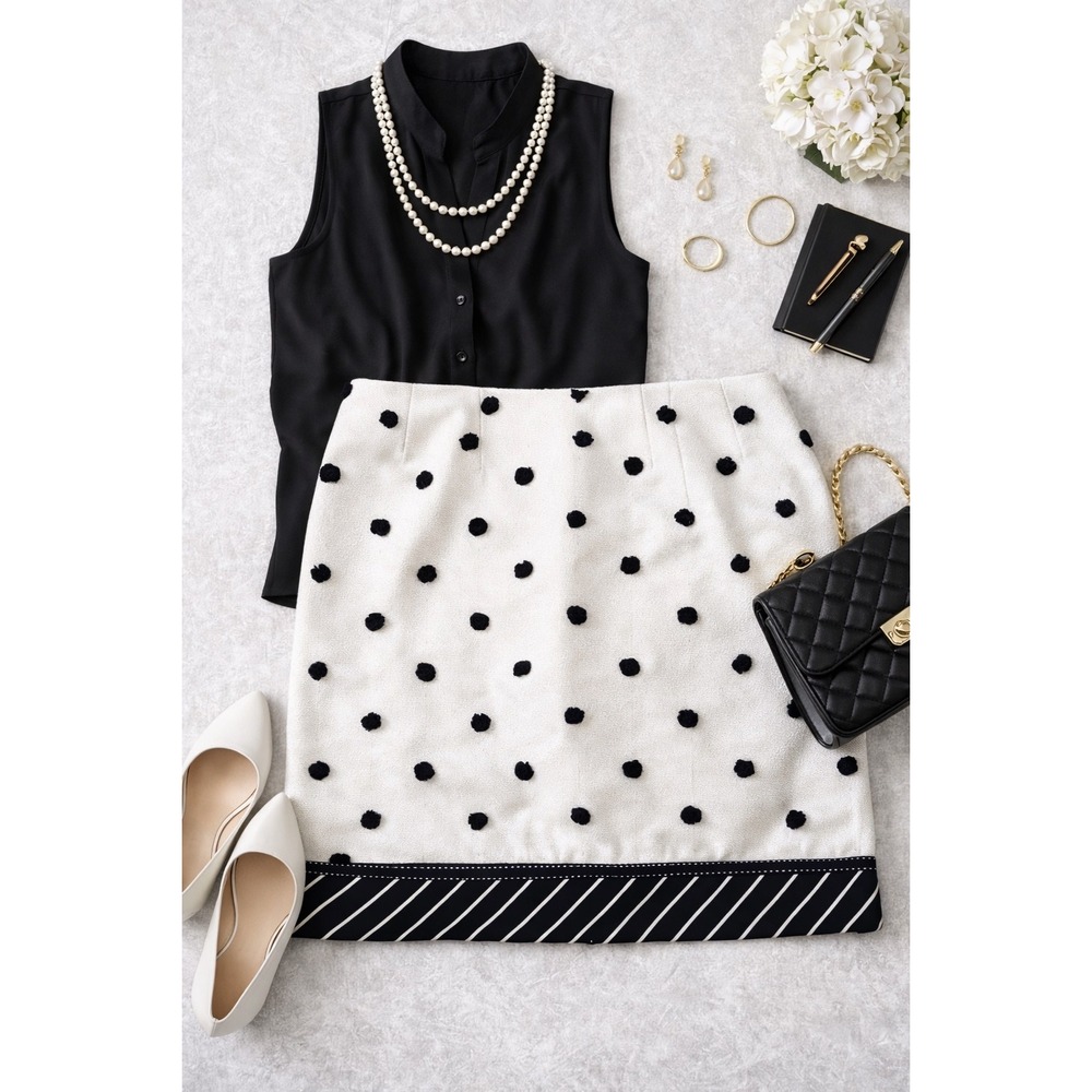 Judith Auburn Vero Beach White Black Pom Pom Polka Dot Stripe Hem Skirt Lined 18